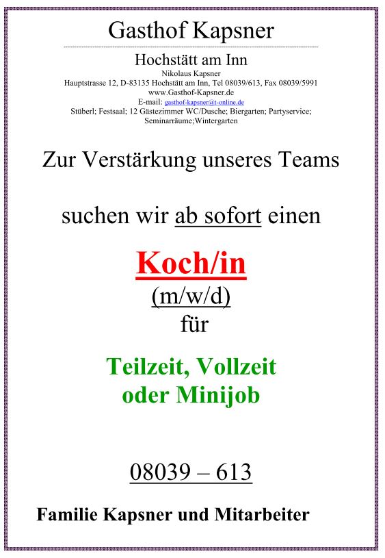 Wir suchen Verstaerkung - Koch/in  (m/w/d) ab sofort in Teilzeit, Vollzeit oder Minijob